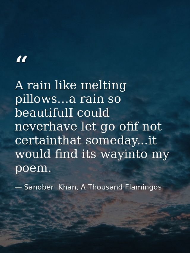 A rain like melting pillows…a rain so beautifulI could neverhave let go ofif not certainthat someday...it would find its — Sanober  Khan, A Thousand Flamingos
