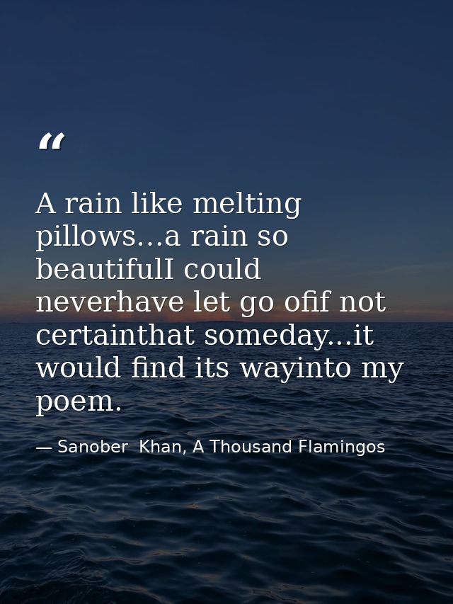 A rain like melting pillows…a rain so beautifulI could neverhave let go ofif not certainthat someday...it would find its — Sanober  Khan, A Thousand Flamingos