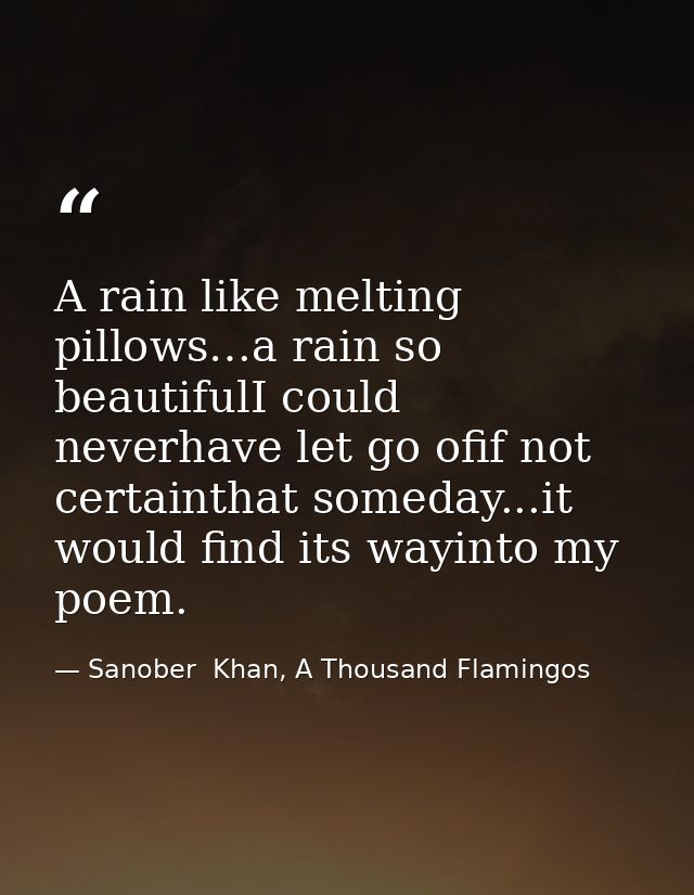 A rain like melting pillows…a rain so beautifulI could neverhave let go ofif not certainthat someday...it would find its — Sanober  Khan, A Thousand Flamingos