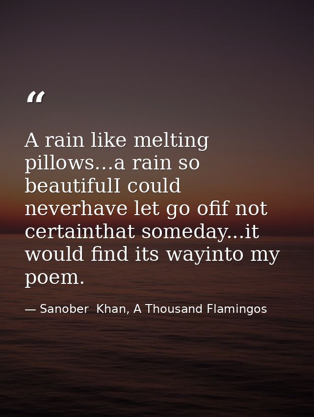 A rain like melting pillows…a rain so beautifulI could neverhave let go ofif not certainthat someday...it would find its — Sanober  Khan, A Thousand Flamingos