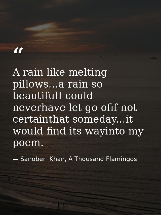 A rain like melting pillows…a rain so beautifulI could neverhave let go ofif not certainthat someday...it would find its — Sanober  Khan, A Thousand Flamingos
