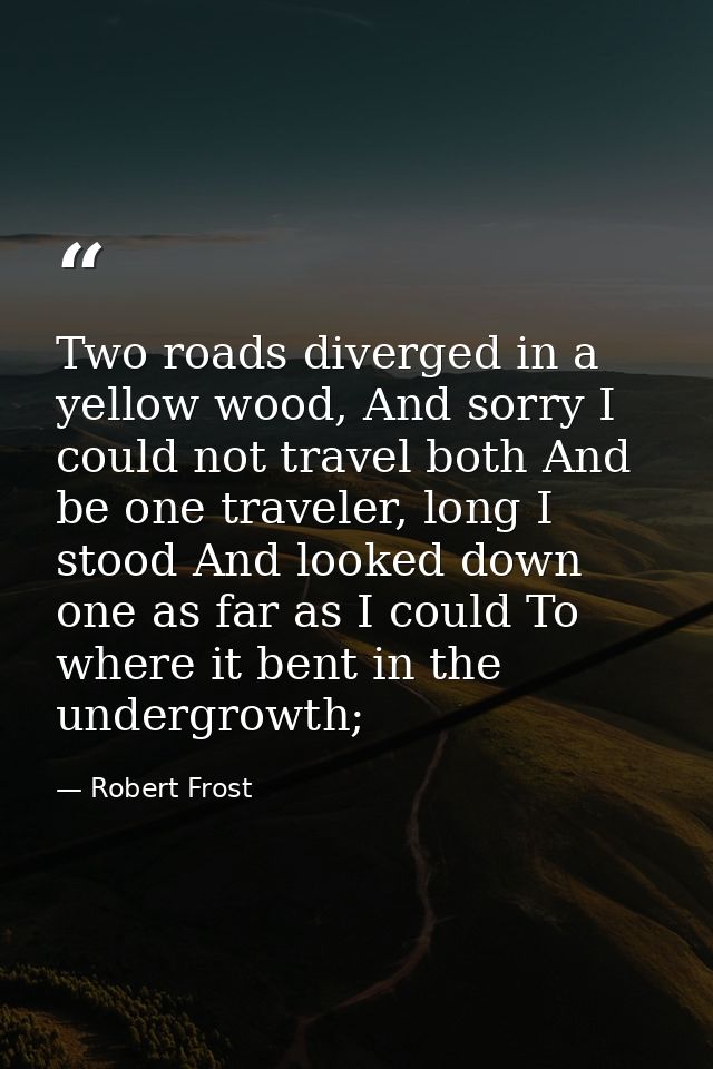 Two roads diverged in a yellow wood, And sorry I could not travel both And be one traveler, long I stood And looked down — Robert Frost