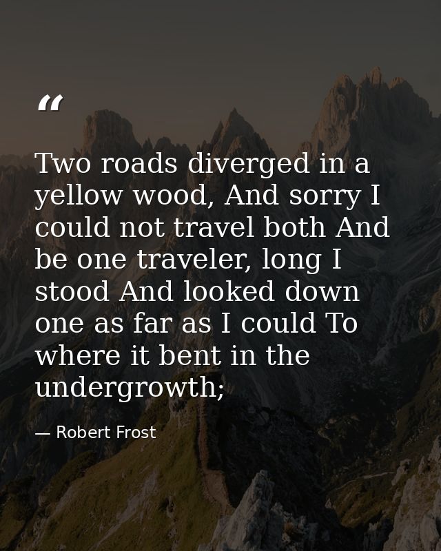 Two roads diverged in a yellow wood, And sorry I could not travel both And be one traveler, long I stood And looked down — Robert Frost