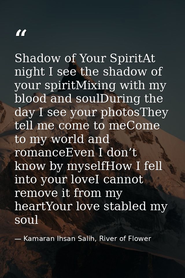 Shadow of Your SpiritAt night I see the shadow of your spiritMixing with my blood and soulDuring the day I see your phot — Kamaran Ihsan Salih, River of Flower