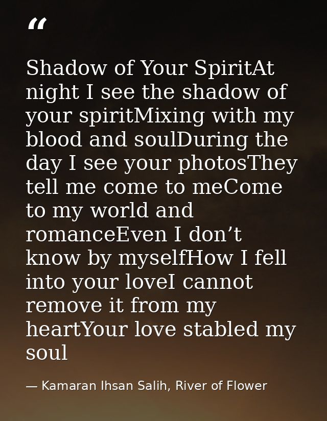 Shadow of Your SpiritAt night I see the shadow of your spiritMixing with my blood and soulDuring the day I see your phot — Kamaran Ihsan Salih, River of Flower