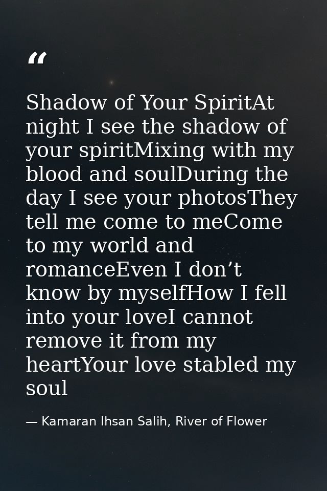 Shadow of Your SpiritAt night I see the shadow of your spiritMixing with my blood and soulDuring the day I see your phot — Kamaran Ihsan Salih, River of Flower