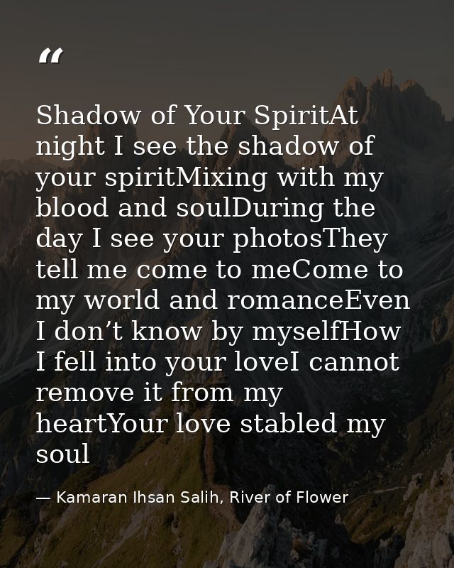 Shadow of Your SpiritAt night I see the shadow of your spiritMixing with my blood and soulDuring the day I see your phot — Kamaran Ihsan Salih, River of Flower
