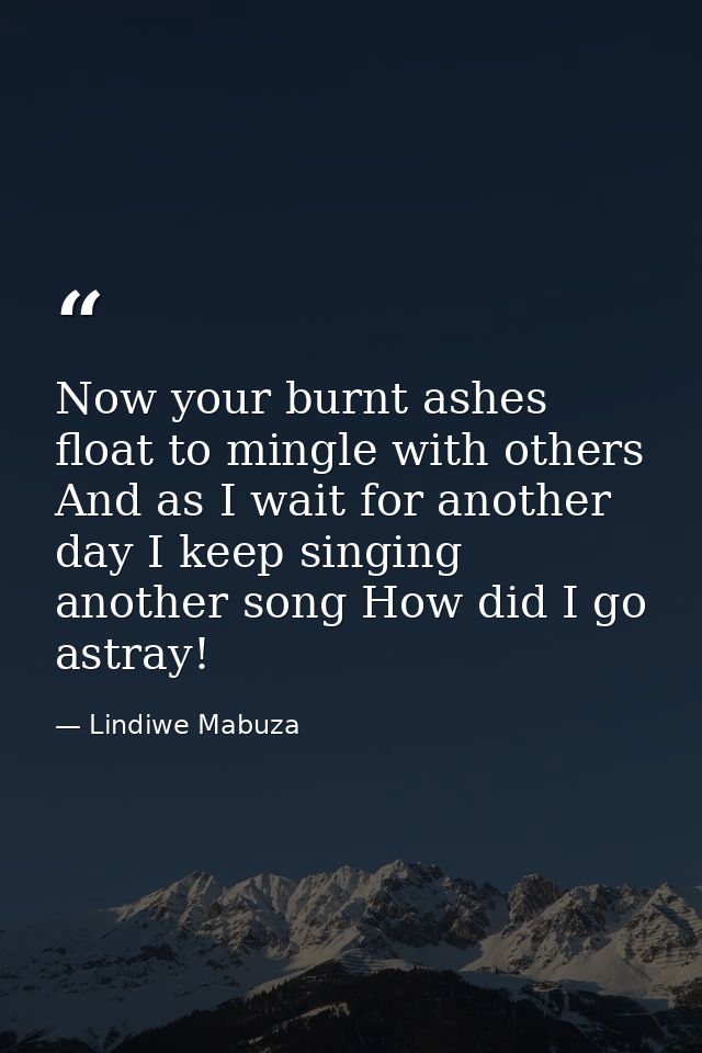 Now your burnt ashes float to mingle with others And as I wait for another day I keep singing another song How did I go  — Lindiwe Mabuza