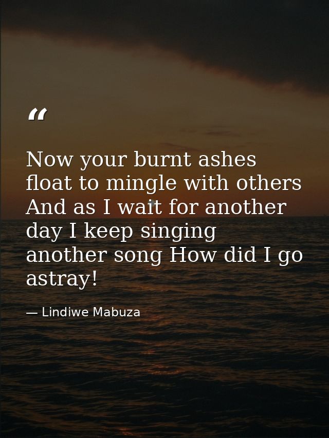 Now your burnt ashes float to mingle with others And as I wait for another day I keep singing another song How did I go  — Lindiwe Mabuza