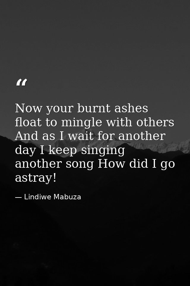 Now your burnt ashes float to mingle with others And as I wait for another day I keep singing another song How did I go  — Lindiwe Mabuza