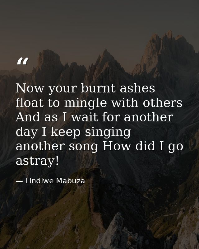 Now your burnt ashes float to mingle with others And as I wait for another day I keep singing another song How did I go  — Lindiwe Mabuza