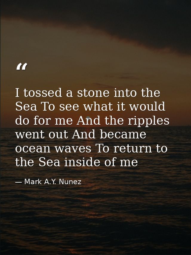 I tossed a stone into the Sea To see what it would do for me And the ripples went out And became ocean waves To return t — Mark A.Y. Nunez