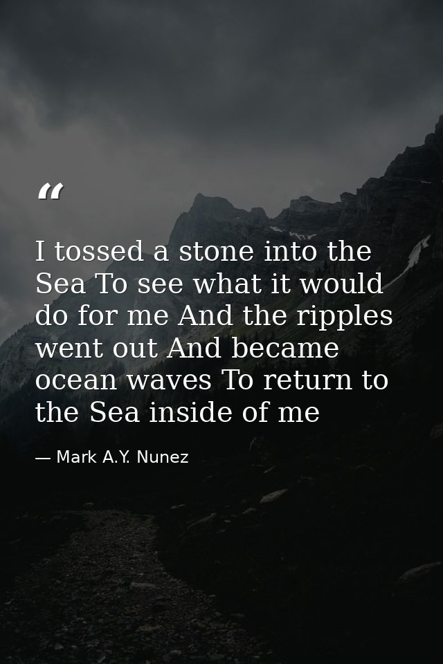 I tossed a stone into the Sea To see what it would do for me And the ripples went out And became ocean waves To return t — Mark A.Y. Nunez