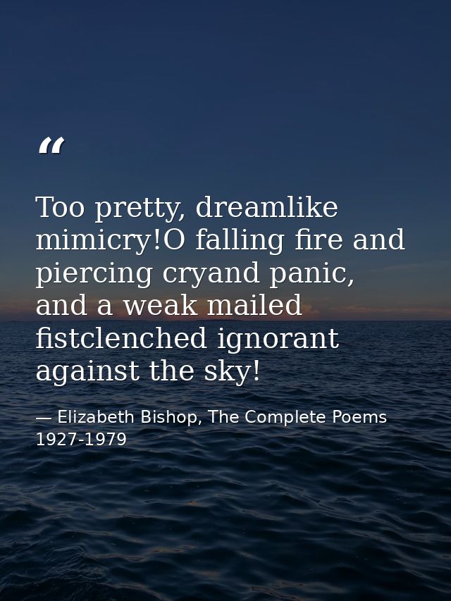 Too pretty, dreamlike mimicry!O falling fire and piercing cryand panic, and a weak mailed fistclenched ignorant against  — Elizabeth Bishop, The Complete Poems 1927-1979
