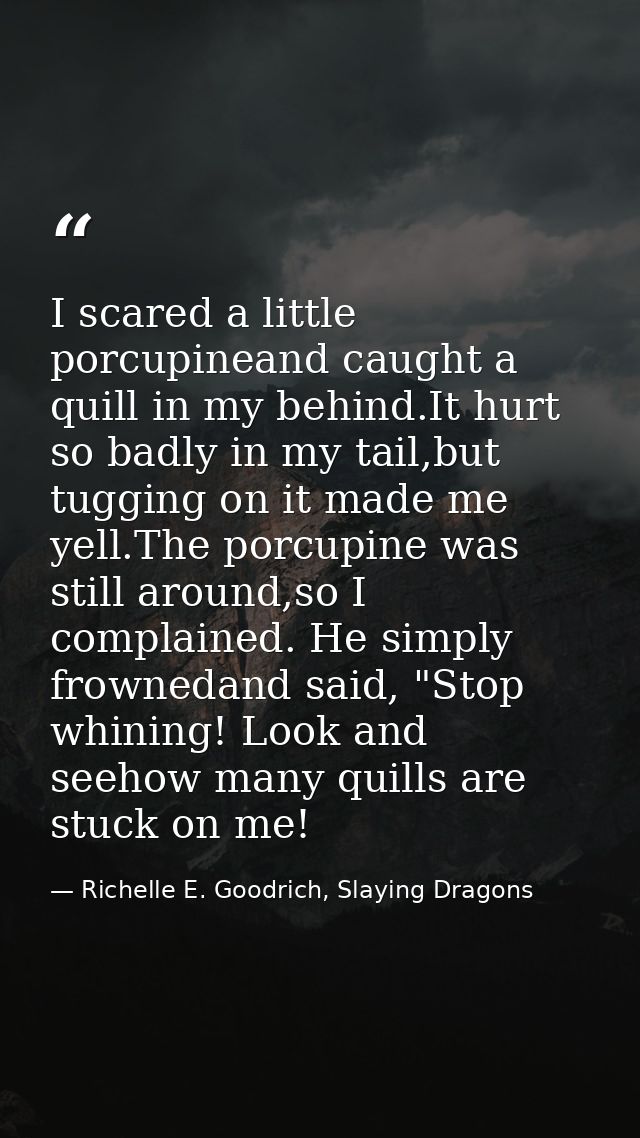 I scared a little porcupineand caught a quill in my behind.It hurt so badly in my tail,but tugging on it made me yell.Th — Richelle E. Goodrich, Slaying Dragons