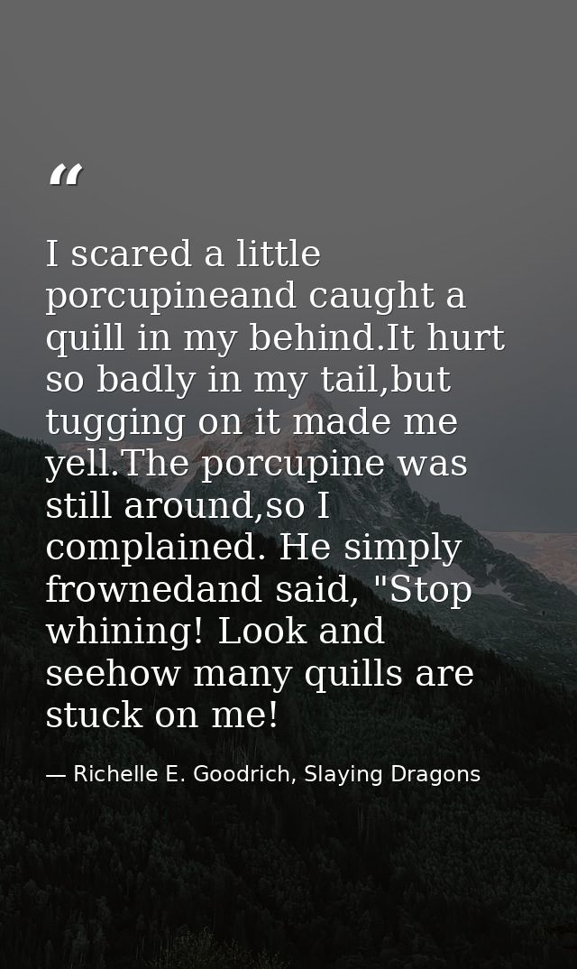 I scared a little porcupineand caught a quill in my behind.It hurt so badly in my tail,but tugging on it made me yell.Th — Richelle E. Goodrich, Slaying Dragons