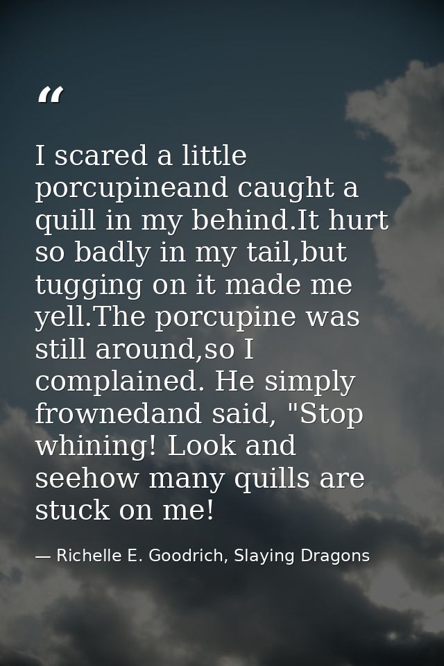 I scared a little porcupineand caught a quill in my behind.It hurt so badly in my tail,but tugging on it made me yell.Th — Richelle E. Goodrich, Slaying Dragons