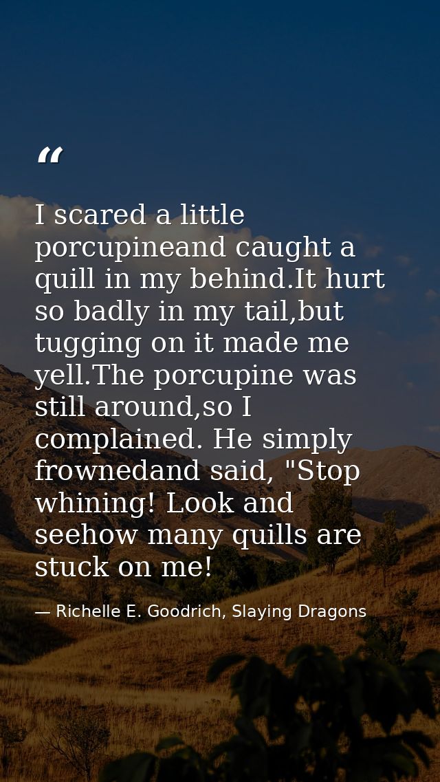 I scared a little porcupineand caught a quill in my behind.It hurt so badly in my tail,but tugging on it made me yell.Th — Richelle E. Goodrich, Slaying Dragons