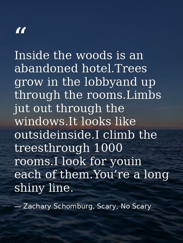 Inside the woods is an abandoned hotel.Trees grow in the lobbyand up through the rooms.Limbs jut out through the windows — Zachary Schomburg, Scary, No Scary
