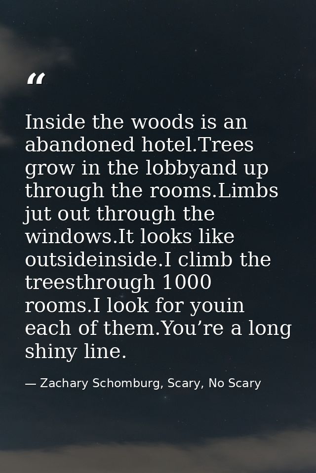 Inside the woods is an abandoned hotel.Trees grow in the lobbyand up through the rooms.Limbs jut out through the windows — Zachary Schomburg, Scary, No Scary