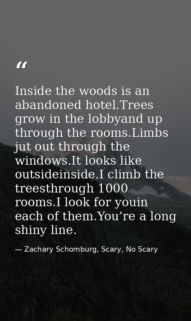 Inside the woods is an abandoned hotel.Trees grow in the lobbyand up through the rooms.Limbs jut out through the windows — Zachary Schomburg, Scary, No Scary
