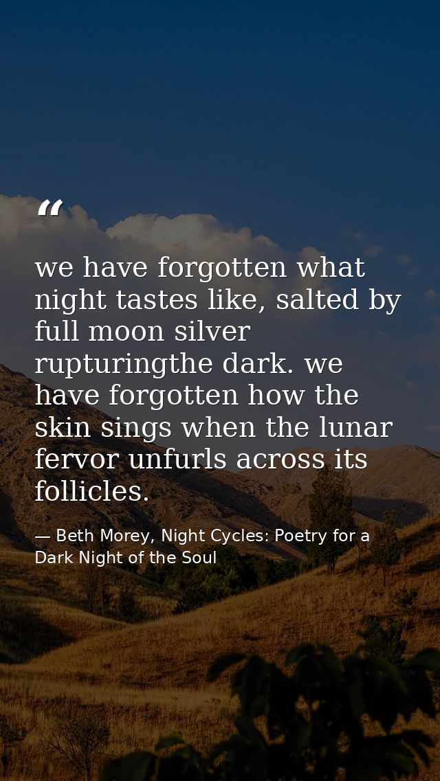 we have forgotten what night tastes like, salted by full moon silver rupturingthe dark. we have forgotten how the skin s — Beth Morey, Night Cycles: Poetry for a Dark Night of the Soul