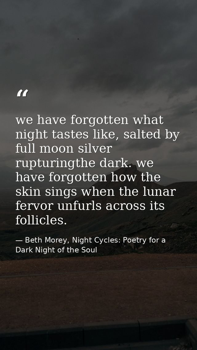we have forgotten what night tastes like, salted by full moon silver rupturingthe dark. we have forgotten how the skin s — Beth Morey, Night Cycles: Poetry for a Dark Night of the Soul