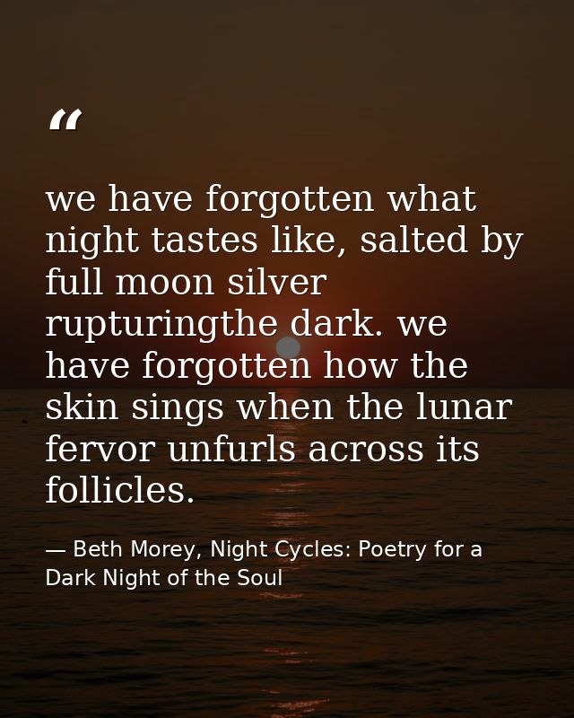 we have forgotten what night tastes like, salted by full moon silver rupturingthe dark. we have forgotten how the skin s — Beth Morey, Night Cycles: Poetry for a Dark Night of the Soul