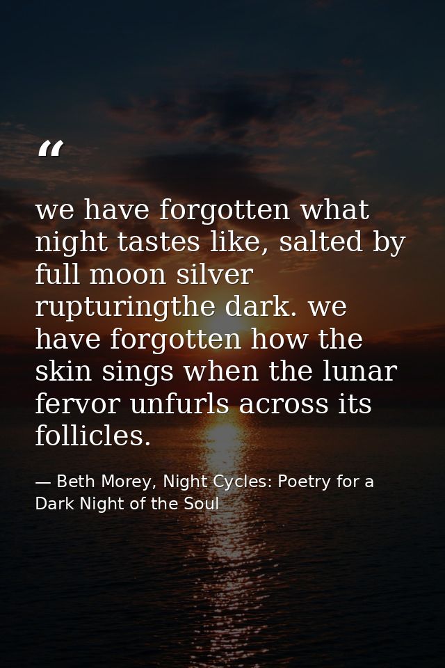 we have forgotten what night tastes like, salted by full moon silver rupturingthe dark. we have forgotten how the skin s — Beth Morey, Night Cycles: Poetry for a Dark Night of the Soul