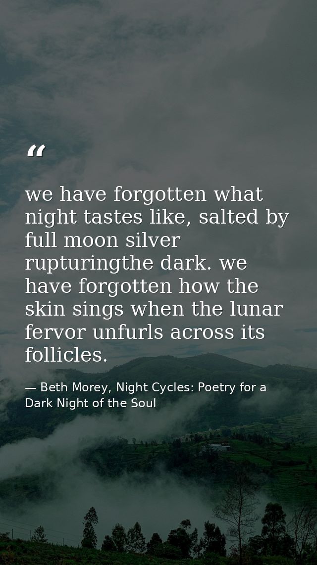 we have forgotten what night tastes like, salted by full moon silver rupturingthe dark. we have forgotten how the skin s — Beth Morey, Night Cycles: Poetry for a Dark Night of the Soul
