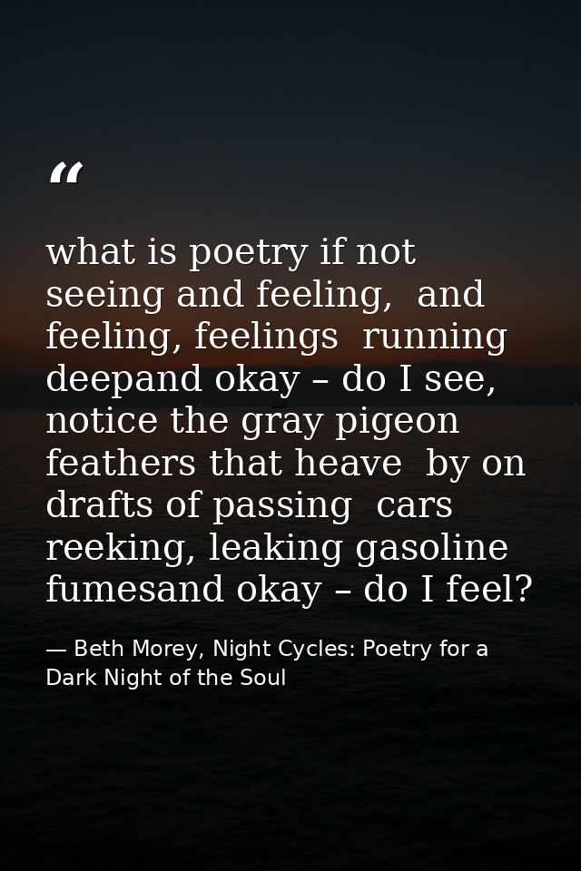 what is poetry if not seeing and feeling,  and feeling, feelings  running deepand okay – do I see, notice the gray pigeo — Beth Morey, Night Cycles: Poetry for a Dark Night of the Soul
