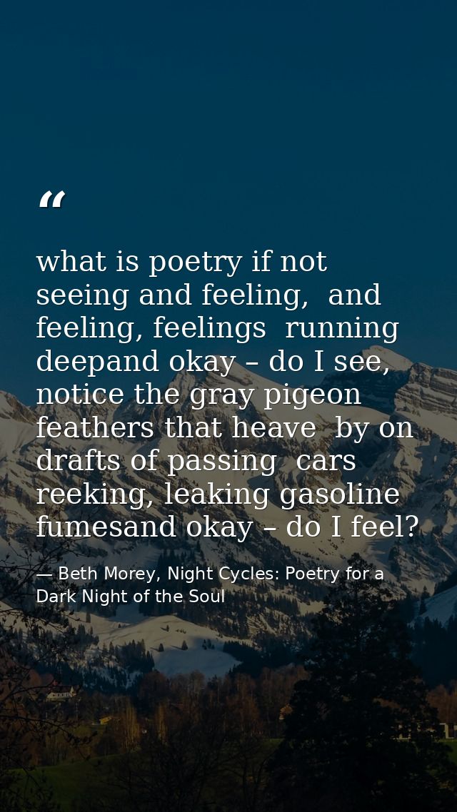 what is poetry if not seeing and feeling,  and feeling, feelings  running deepand okay – do I see, notice the gray pigeo — Beth Morey, Night Cycles: Poetry for a Dark Night of the Soul