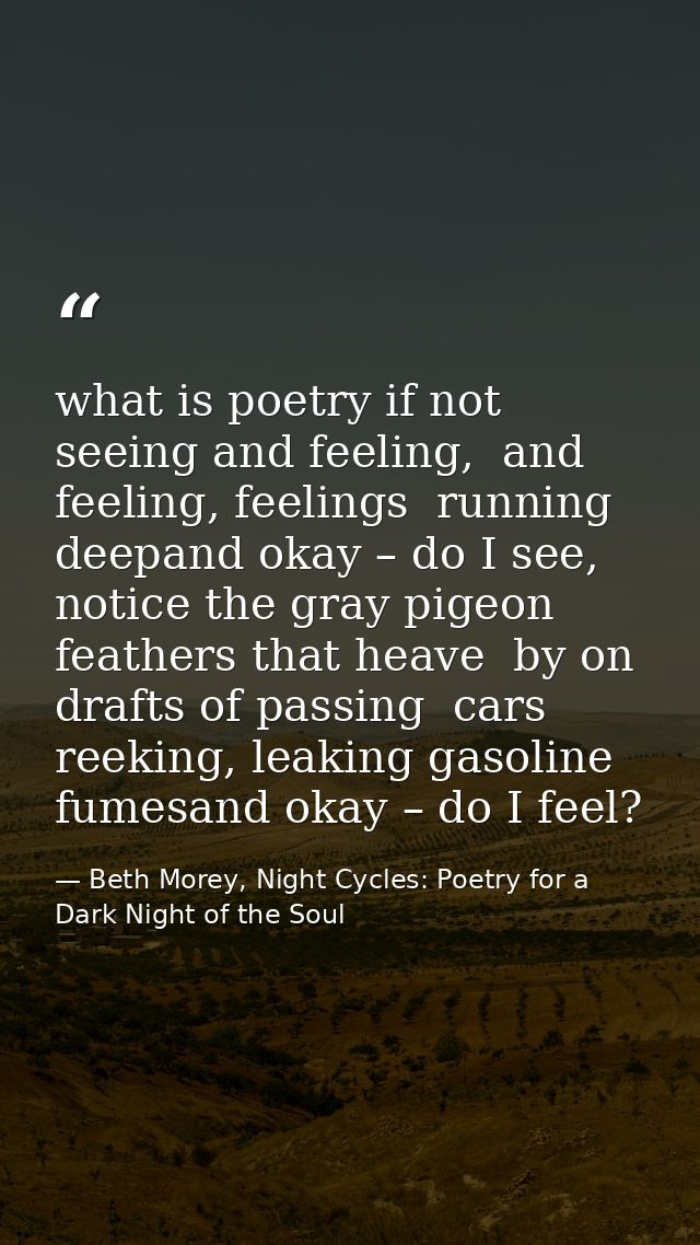 what is poetry if not seeing and feeling,  and feeling, feelings  running deepand okay – do I see, notice the gray pigeo — Beth Morey, Night Cycles: Poetry for a Dark Night of the Soul