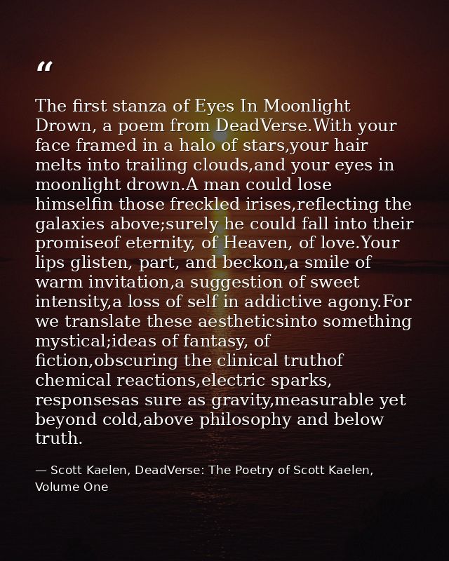 The first stanza of Eyes In Moonlight Drown, a poem from DeadVerse.With your face framed in a halo of stars,your hair me — Scott Kaelen, DeadVerse: The Poetry of Scott Kaelen, Volume One