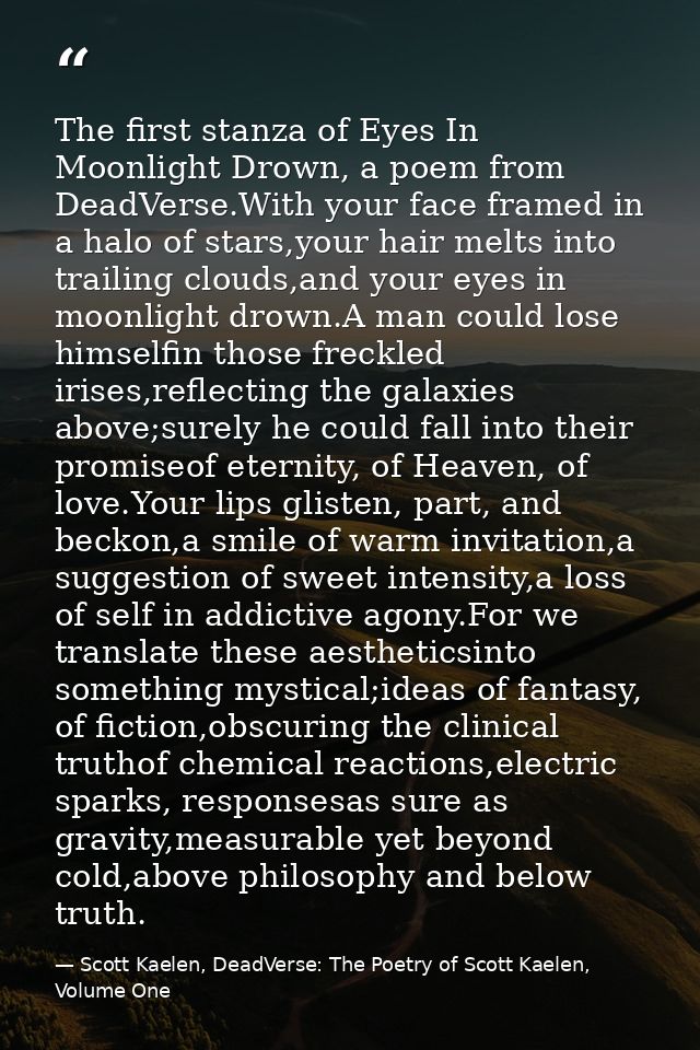The first stanza of Eyes In Moonlight Drown, a poem from DeadVerse.With your face framed in a halo of stars,your hair me — Scott Kaelen, DeadVerse: The Poetry of Scott Kaelen, Volume One