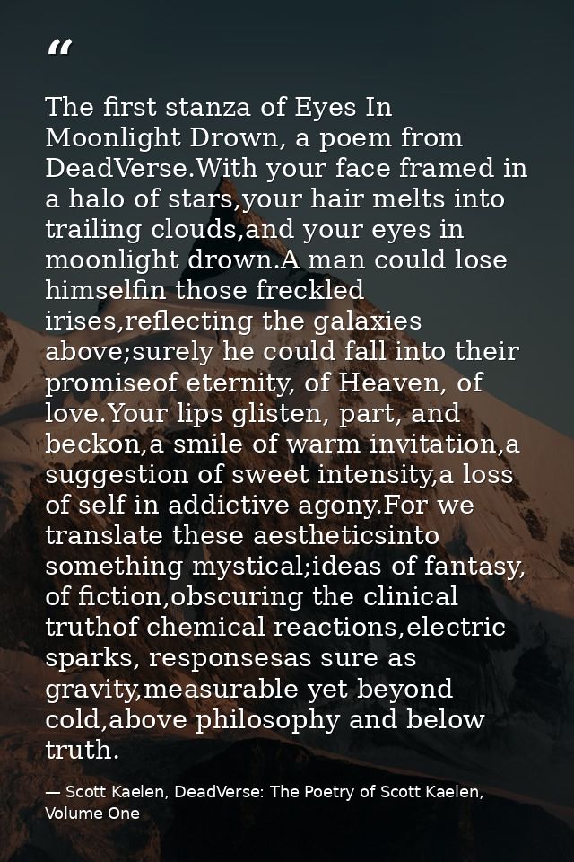 The first stanza of Eyes In Moonlight Drown, a poem from DeadVerse.With your face framed in a halo of stars,your hair me — Scott Kaelen, DeadVerse: The Poetry of Scott Kaelen, Volume One