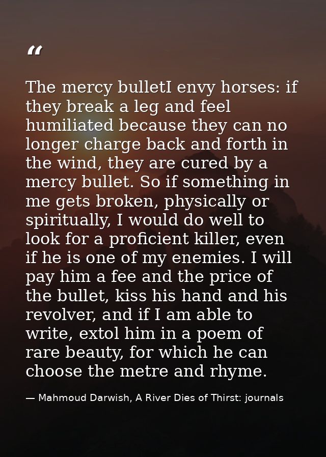 The mercy bulletI envy horses: if they break a leg and feel humiliated because they can no longer charge back and forth  — Mahmoud Darwish, A River Dies of Thirst: journals