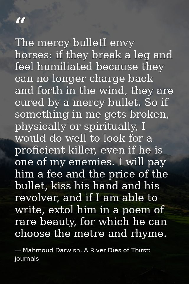 The mercy bulletI envy horses: if they break a leg and feel humiliated because they can no longer charge back and forth  — Mahmoud Darwish, A River Dies of Thirst: journals