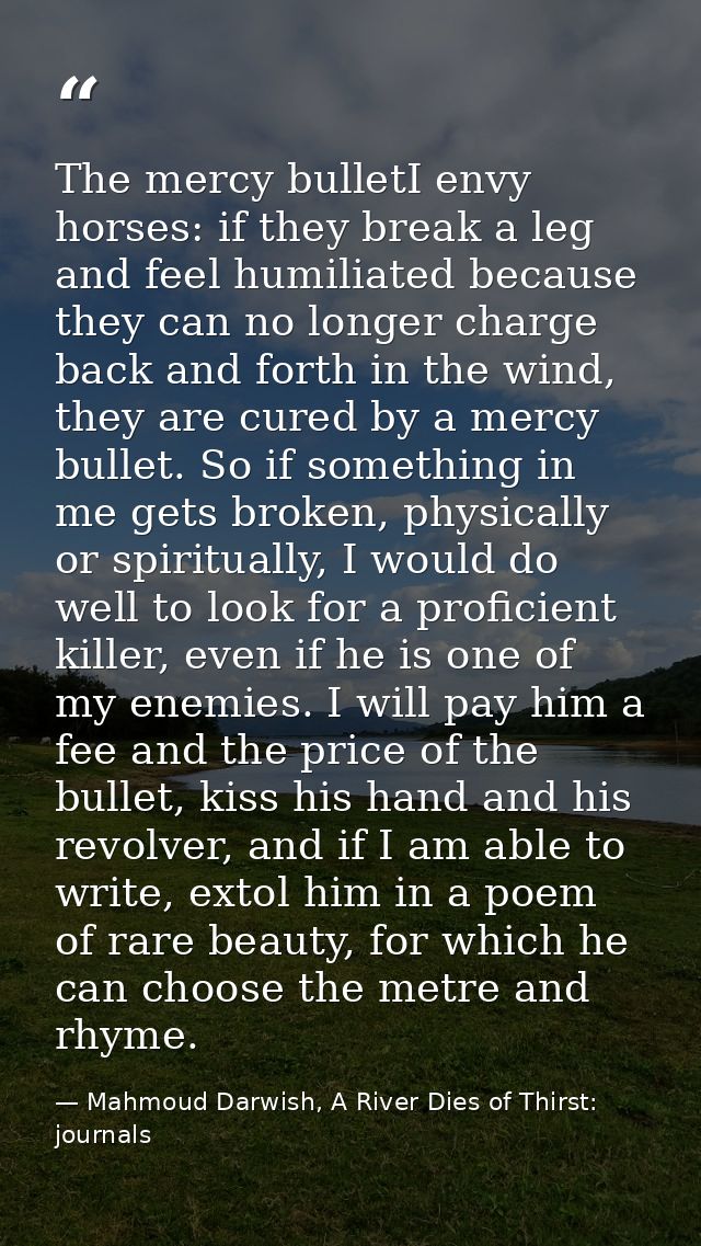 The mercy bulletI envy horses: if they break a leg and feel humiliated because they can no longer charge back and forth  — Mahmoud Darwish, A River Dies of Thirst: journals