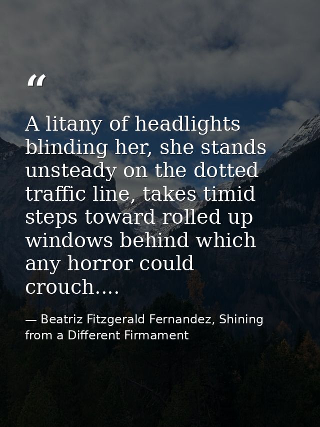 A litany of headlights blinding her, she stands unsteady on the dotted traffic line, takes timid steps toward rolled up  — Beatriz Fitzgerald Fernandez, Shining from a Different Firmament