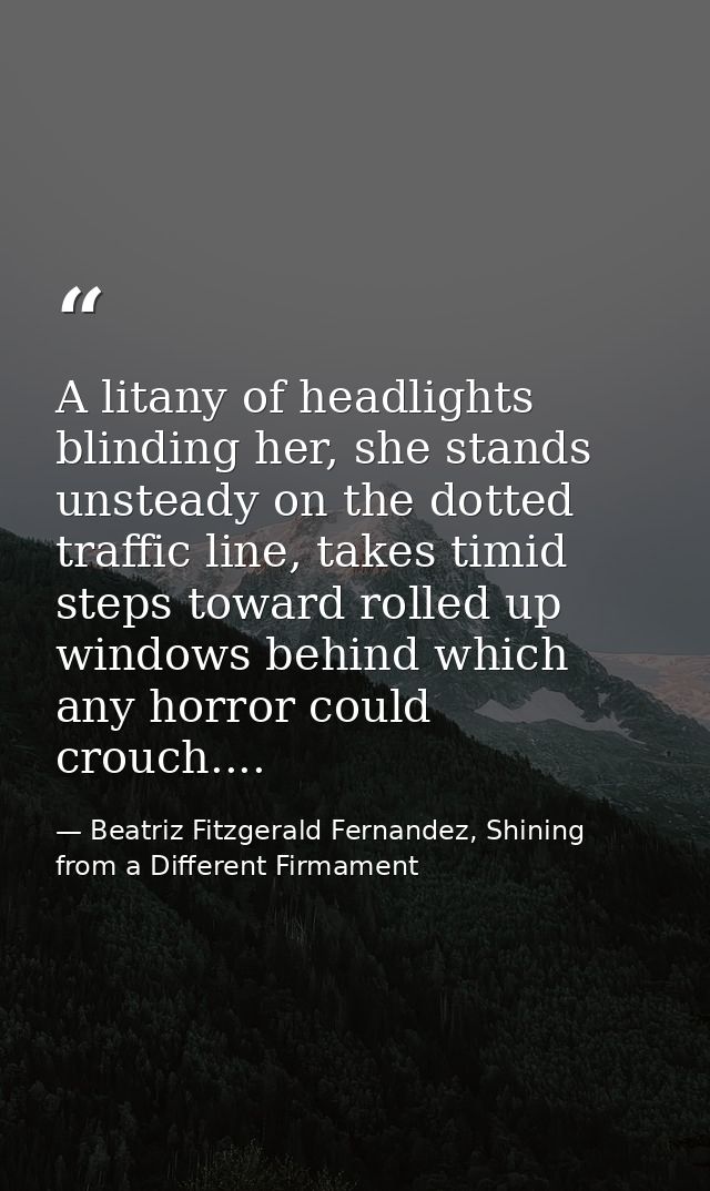 A litany of headlights blinding her, she stands unsteady on the dotted traffic line, takes timid steps toward rolled up  — Beatriz Fitzgerald Fernandez, Shining from a Different Firmament