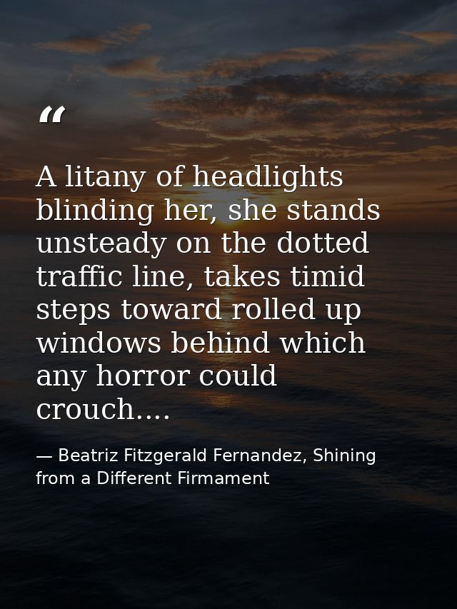 A litany of headlights blinding her, she stands unsteady on the dotted traffic line, takes timid steps toward rolled up  — Beatriz Fitzgerald Fernandez, Shining from a Different Firmament