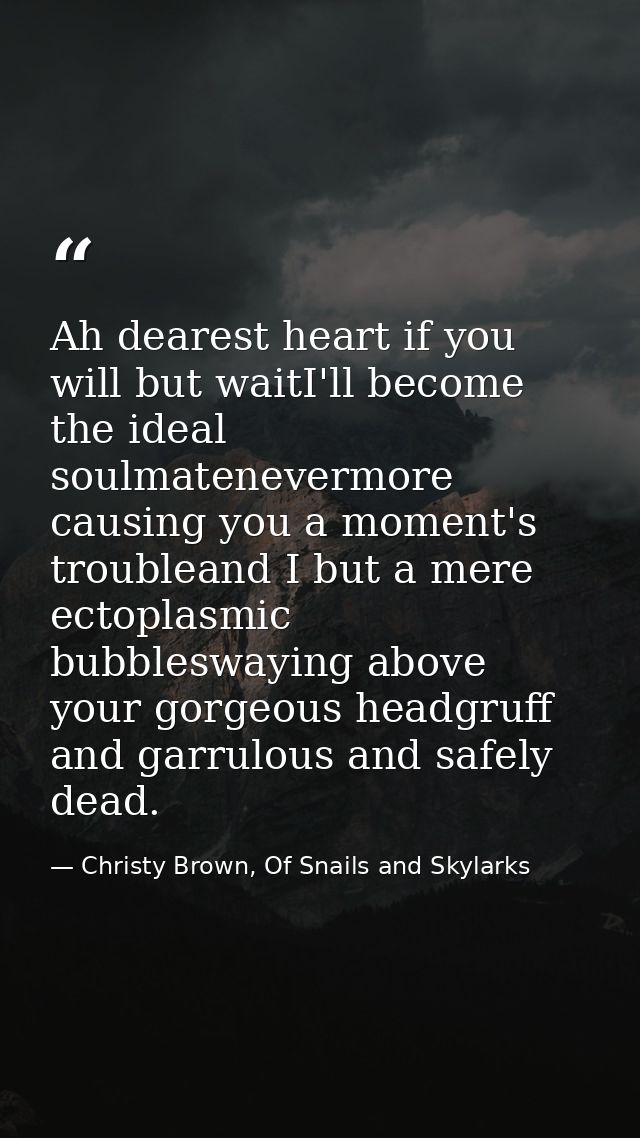Ah dearest heart if you will but waitI'll become the ideal soulmatenevermore causing you a moment's troubleand I but a m — Christy Brown, Of Snails and Skylarks