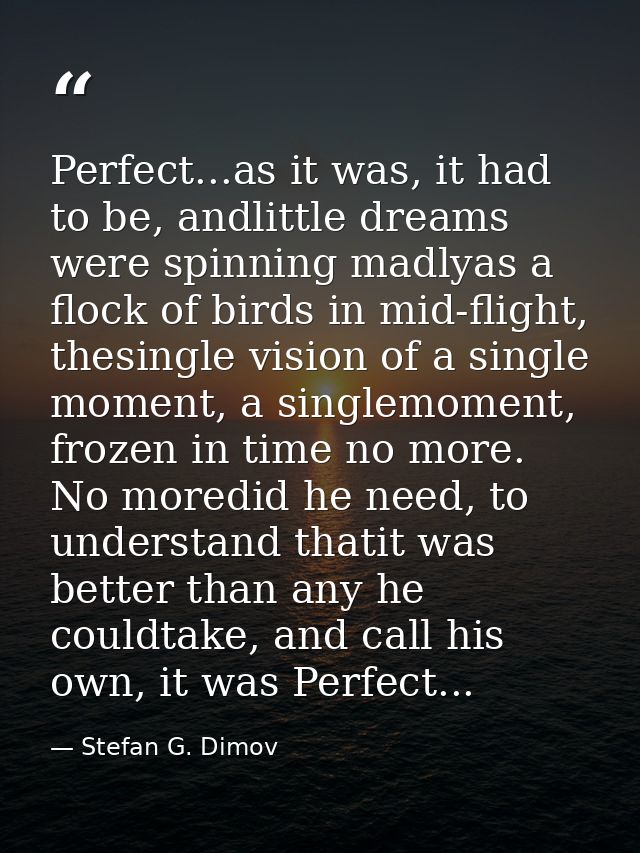 Perfect...as it was, it had to be, andlittle dreams were spinning madlyas a flock of birds in mid-flight, thesingle visi — Stefan G. Dimov