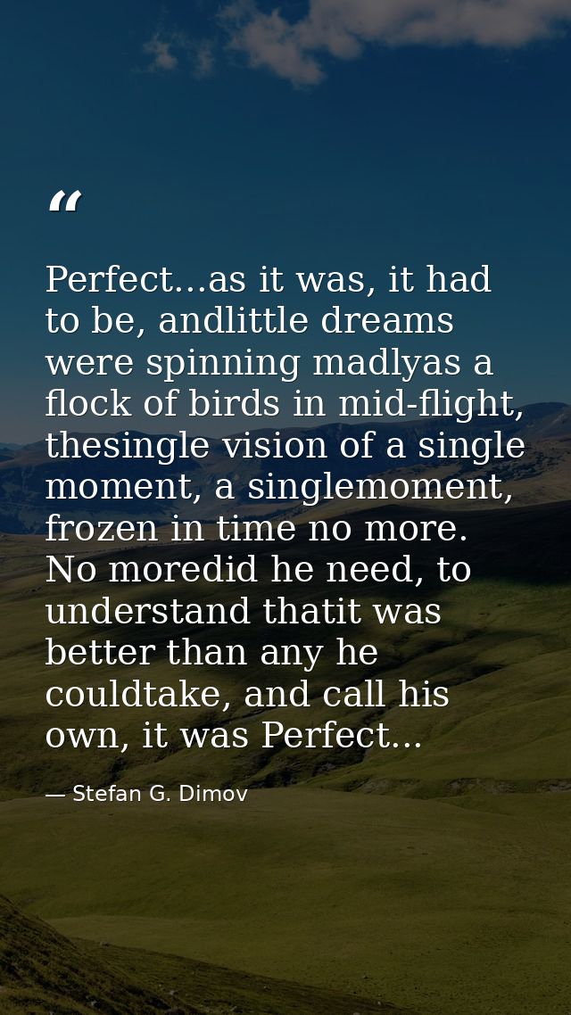 Perfect...as it was, it had to be, andlittle dreams were spinning madlyas a flock of birds in mid-flight, thesingle visi — Stefan G. Dimov