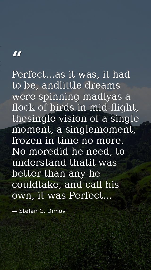 Perfect...as it was, it had to be, andlittle dreams were spinning madlyas a flock of birds in mid-flight, thesingle visi — Stefan G. Dimov