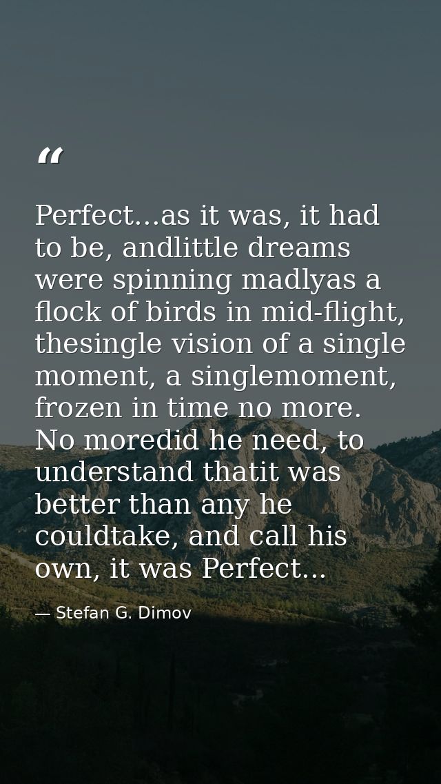 Perfect...as it was, it had to be, andlittle dreams were spinning madlyas a flock of birds in mid-flight, thesingle visi — Stefan G. Dimov