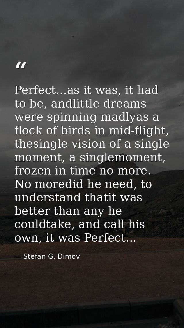 Perfect...as it was, it had to be, andlittle dreams were spinning madlyas a flock of birds in mid-flight, thesingle visi — Stefan G. Dimov