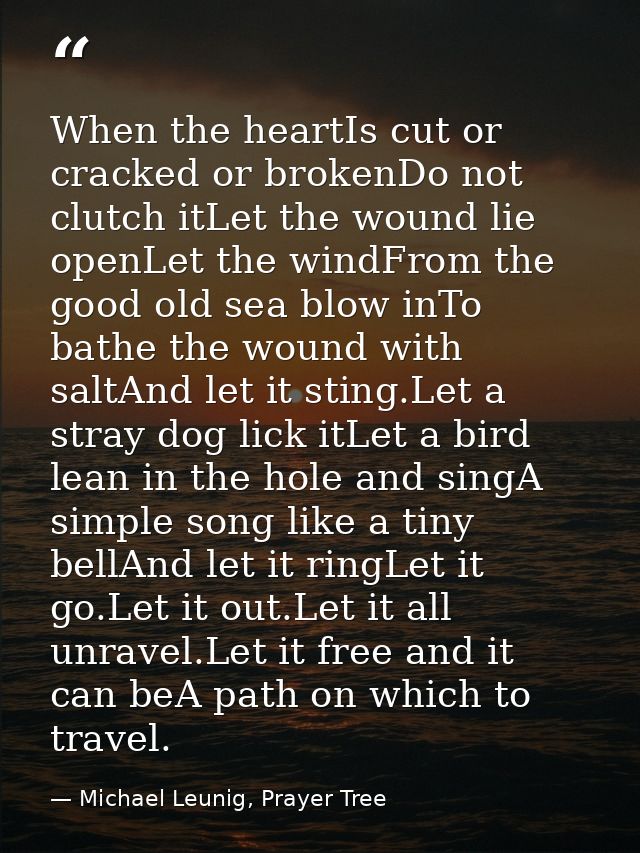 When the heartIs cut or cracked or brokenDo not clutch itLet the wound lie openLet the windFrom the good old sea blow in — Michael Leunig, Prayer Tree