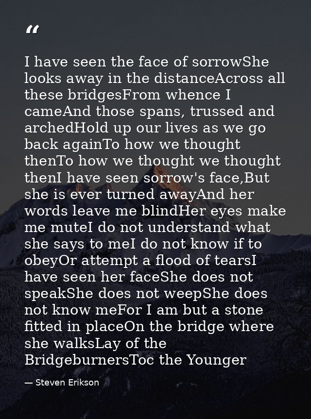 I have seen the face of sorrowShe looks away in the distanceAcross all these bridgesFrom whence I cameAnd those spans, t — Steven Erikson